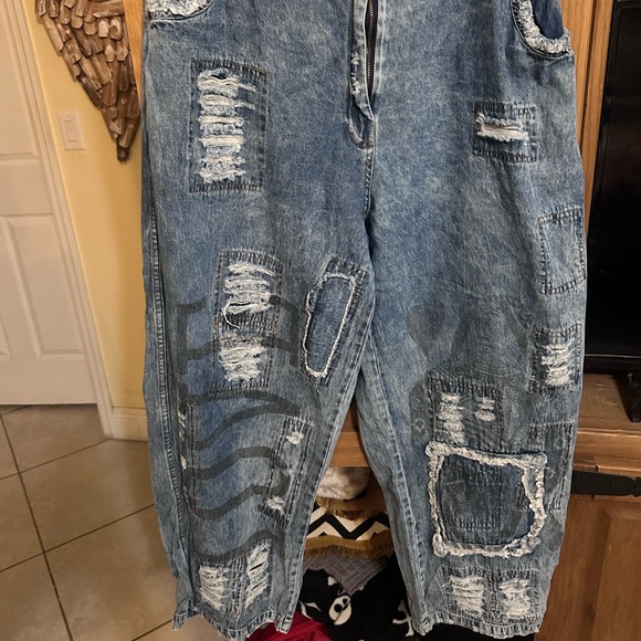 Paper Lace Denim - Patchwork Distressed Denim Overalls - Light Blue